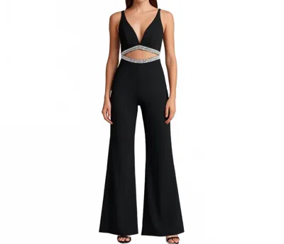 Mac Duggal Crystal Waist Cutout Jumpsuit In Black