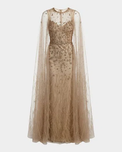 Mac Duggal Crystal-embellished Feather Cape Column Gown In White