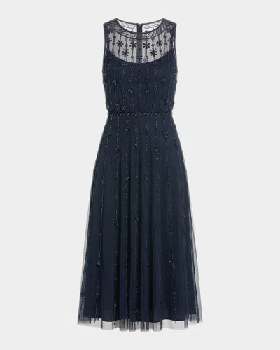 Mac Duggal High Neck Sleeveless Embellished A-line Dress In Blue