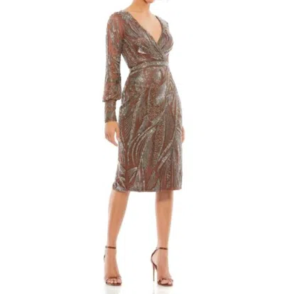 Mac Duggal Cuffed Sleeves Embellished Dress In Mocha In Multi
