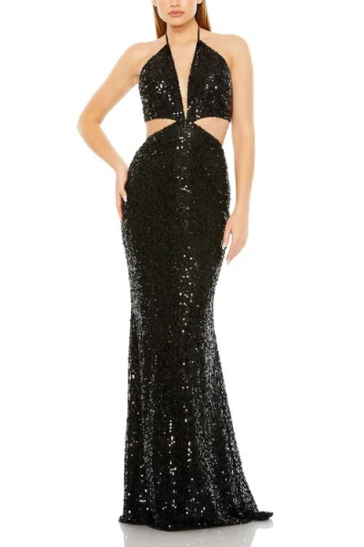MAC DUGGAL MAC DUGGAL CUT OUT HALTER TIE BACK SEQUIN GOWN
