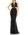 Mac Duggal Cut Out Halter Tie Back Sequin Gown In Black