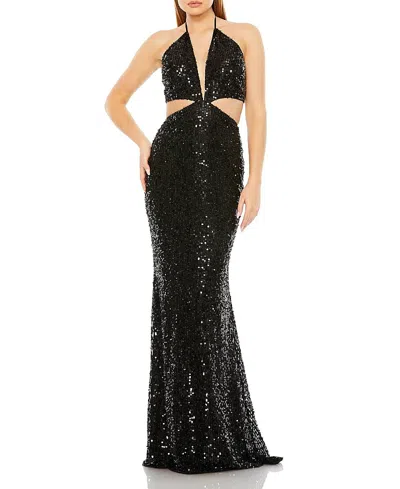MAC DUGGAL CUT OUT HALTER TIE BACK SEQUIN GOWN
