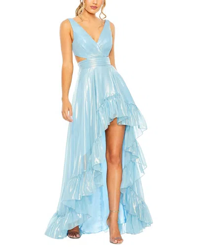 Mac Duggal Cut Out High Low Ruffle Gown In Blue