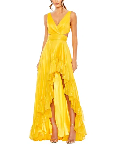 Mac Duggal Cut Out High Low Ruffle Gown In Yellow