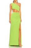 Mac Duggal Cut Out One Shoulder Ruched Back Gown In Spring Green
