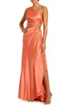 Mac Duggal Cut Out One Shoulder Satin Gown In Orange