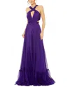 Mac Duggal Halter Cutout Keyhole Tiered Gown In Purple