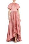 Mac Duggal Front Cutout Pleated High Low Dress In Dusty Rose