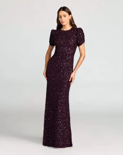 Mac Duggal Dark Purple Gathered Short Sleeve Embellished Gown In Blackberry