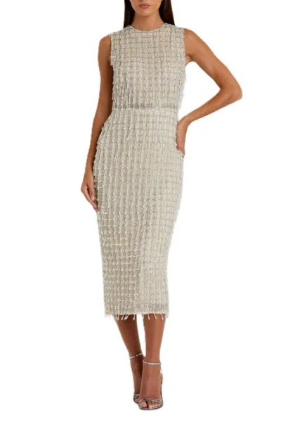 Mac Duggal Dazzling Sleeveless High Neck Beaded Midi Sheath Dress In Nude