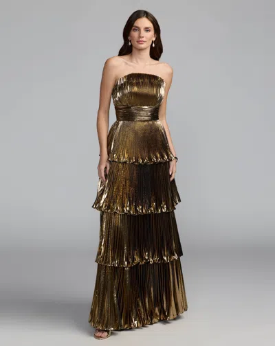 Mac Duggal Deep Gold Strapless Pleated Metallic Layered Ruffle Gown In Antique Gold