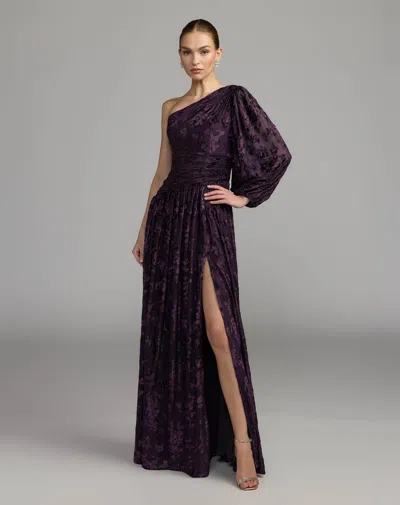 Mac Duggal Deep Purple One Shoulder Burnout Velvet Gown In Amethyst