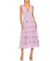 Mac Duggal Deep V Chiffon Sleeveless Ruffle Midi Dress In Orchid