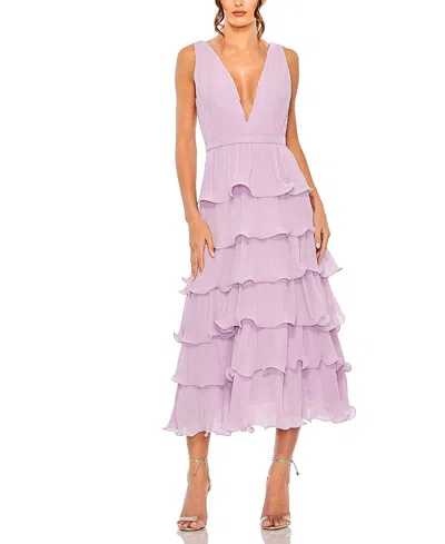 Mac Duggal Deep V Chiffon Sleeveless Ruffle Midi Dress In Orchid