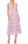 Mac Duggal Deep V Chiffon Sleeveless Ruffle Midi Dress In Orchid