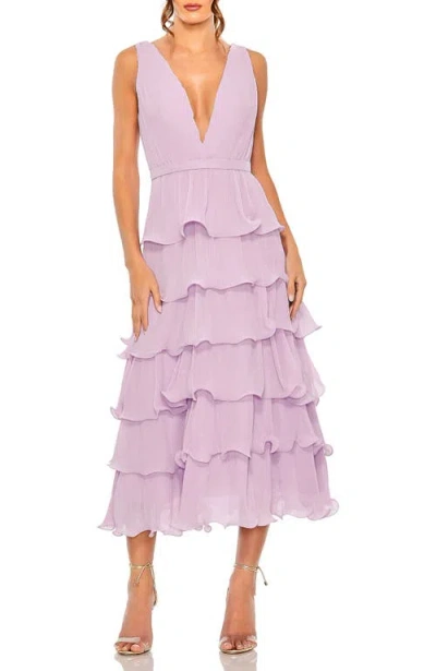 MAC DUGGAL MAC DUGGAL DEEP V CHIFFON SLEEVELESS RUFFLE MIDI DRESS