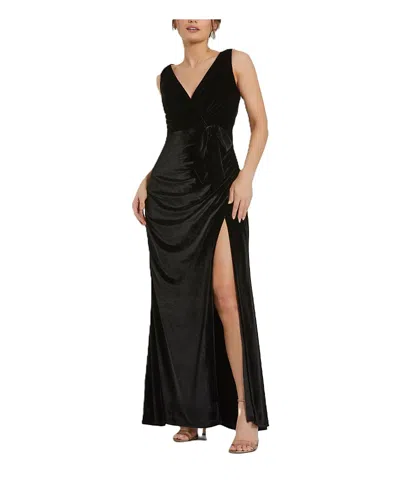 MAC DUGGAL DEEP V HIGH SLIT DRAPED VELVET FITTED GOWN