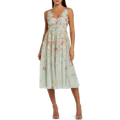 Mac Duggal Floral Embellished V-neck Midi Dress In Sage Multi