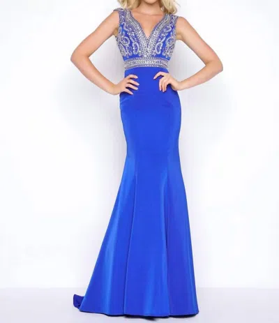 Mac Duggal Deep V-neck Beaded Bodice Prom Dress In Royal In Blue