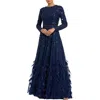 Mac Duggal Disc Embellished Sequin Gown With Feather Detail In Blue