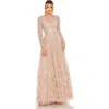 Mac Duggal Disc Embellished Sequin Gown With Feather Detail In Dusty Rose