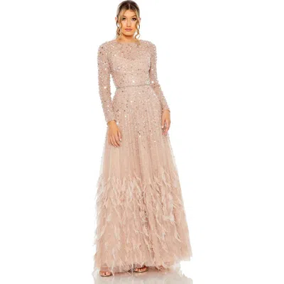 MAC DUGGAL MAC DUGGAL DISC EMBELLISHED SEQUIN GOWN WITH FEATHER DETAIL