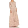 Mac Duggal Disc Embellished Sequin Gown With Feather Detail In Pink