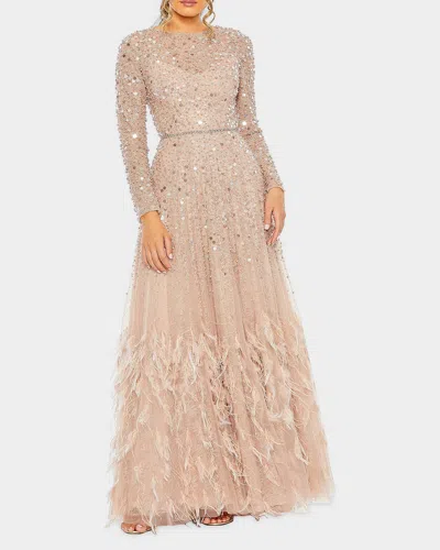 Mac Duggal Disc Sequin & Feather Embellished Gown In Gray