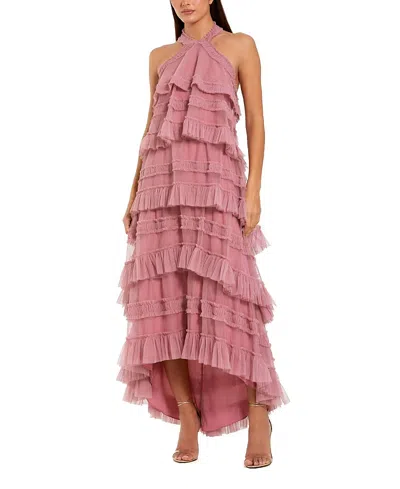 Mac Duggal Dot Mesh Ruffle Halter Neck Ankle Dress In Pink