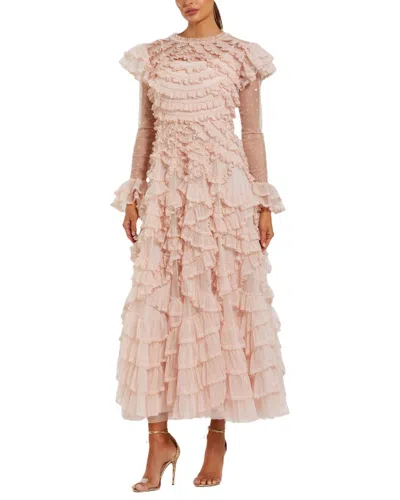 Mac Duggal Dot Net Double Ruffle Trim High Neck Maxi Dress In Pink