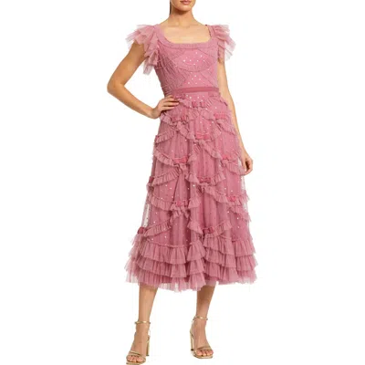 MAC DUGGAL MAC DUGGAL SEQUIN RUFFLE NET DRESS WITH VELVET BOW & FLUTTER SLEEVES