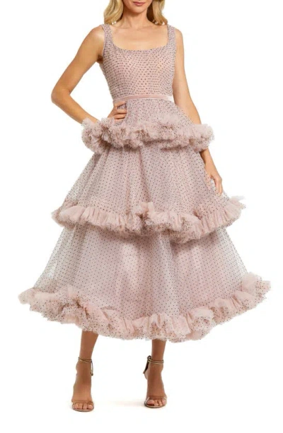 Mac Duggal Dot Print Tiered Cocktail Midi Dress In Blush