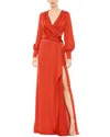 Mac Duggal Charmeuse Gown With Draped Bodice And Front Slit In Orange