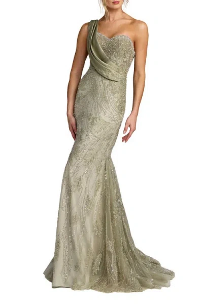 Mac Duggal Draped One Shoulder Embellished Mermaid Gown In Green