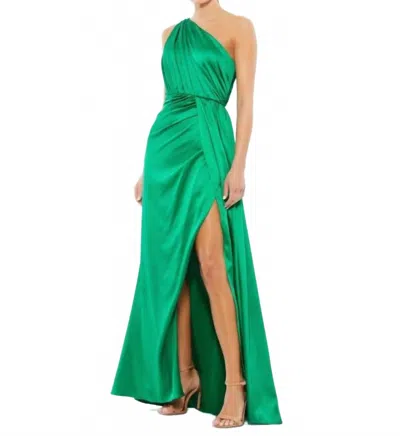 Mac Duggal Draped One Shoulder Satin Gown In Emerald Green