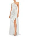 Mac Duggal Gathered One Shoulder Satin Faux Wrap Gown In White
