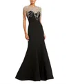 Mac Duggal Draped Pearl Beaded Detail Mermaid Gown In Black