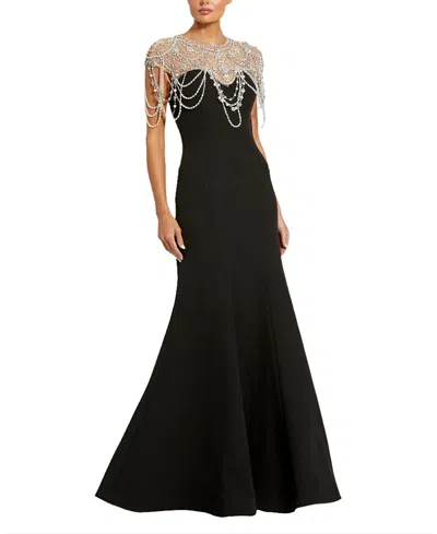 Mac Duggal Draped Pearl Beaded Detail Mermaid Gown In Black
