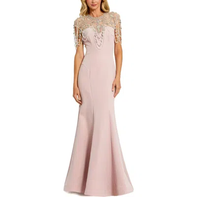MAC DUGGAL MAC DUGGAL DRAPED PEARL BEADED CREPE MERMAID GOWN