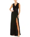 Mac Duggal Draped Side Knot Rhinestone Ring Jersey Gown In Black