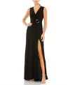 Mac Duggal Draped Side Knot Rhinestone Ring Jersey Gown In Black