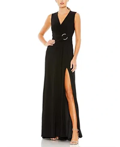 Mac Duggal Draped Side Knot Rhinestone Ring Jersey Gown In Black