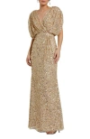 Mac Duggal Draped Sleeve V Neck Gown In Nude Gold