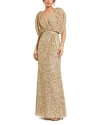 Mac Duggal Draped Sleeve V Neck Gown In Nude Gold