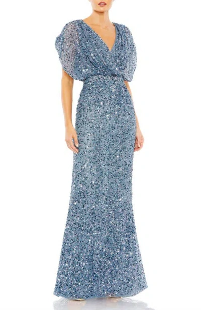 Mac Duggal Draped Sleeve V Neck Gown In Slate Blue