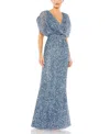 Mac Duggal Draped Sleeves Ruched Waist Detail V Neck Gown In Slate Blue