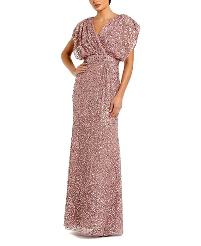 MAC DUGGAL DRAPED SLEEVES RUCHED WAIST DETAIL V-NECK GOWN