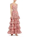 Mac Duggal Drawstring Shoulder Floral Chiffon Tiered Gown In Pink