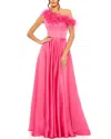 Mac Duggal One Shoulder A Line Gown With Feather Detail In Pink